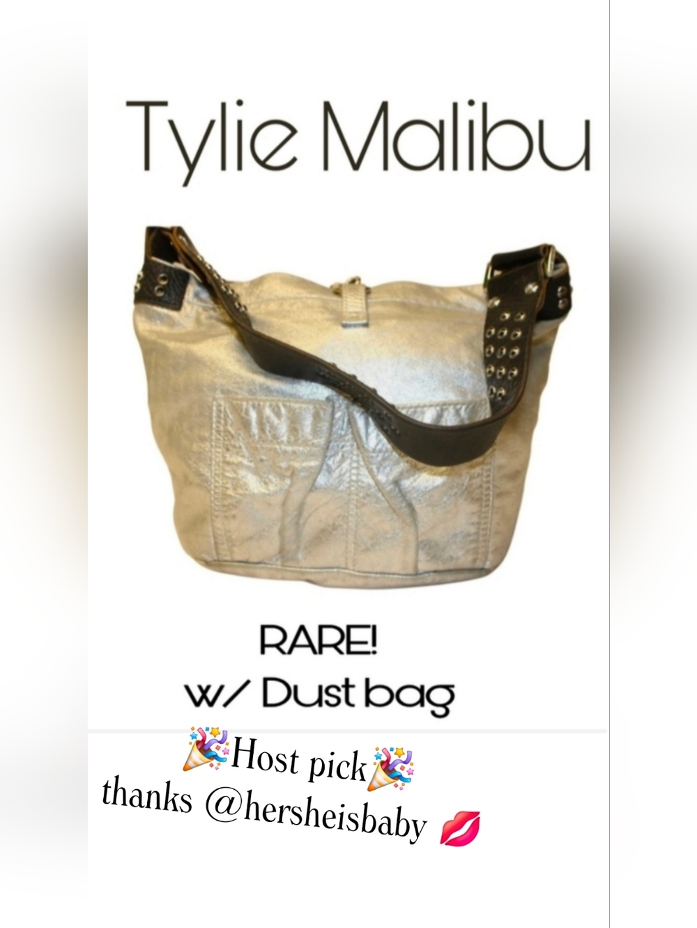 Tylie Malibu Classic Metallic Silver Shoulder Bag w Studded Dark Strap HTF